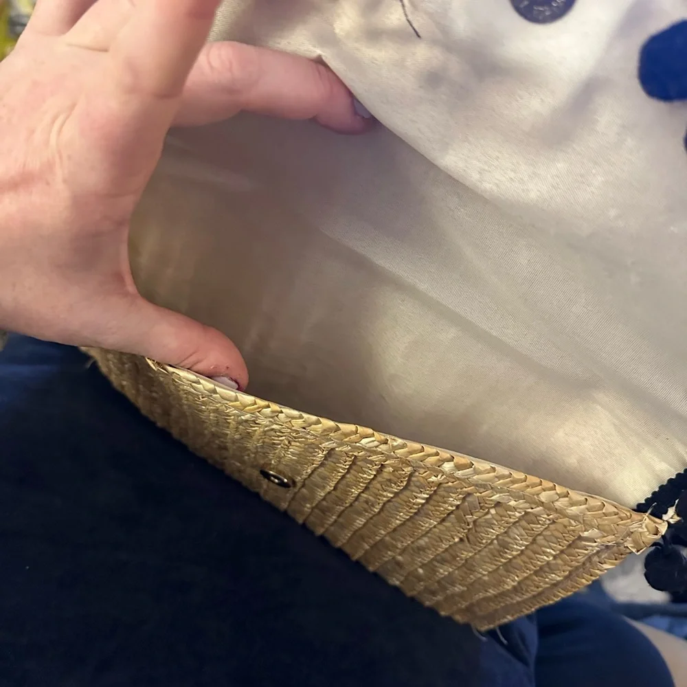 Beachy Pom Pom clutch NWOT never used rattan